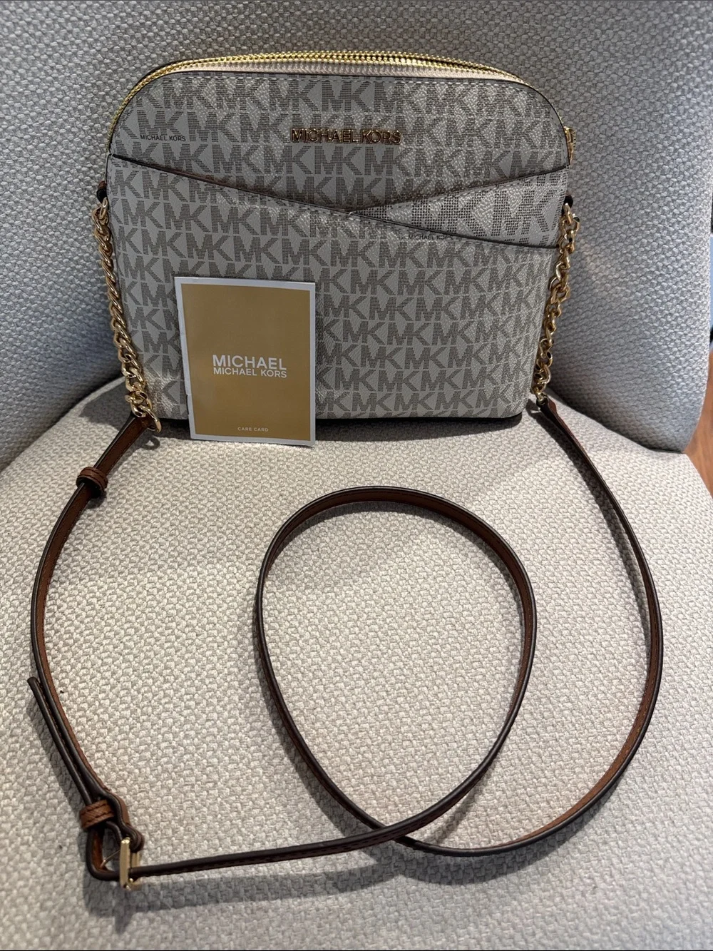 Michael Kors Beige Logo Crossbody with Brown Strap and Gold Hardware
